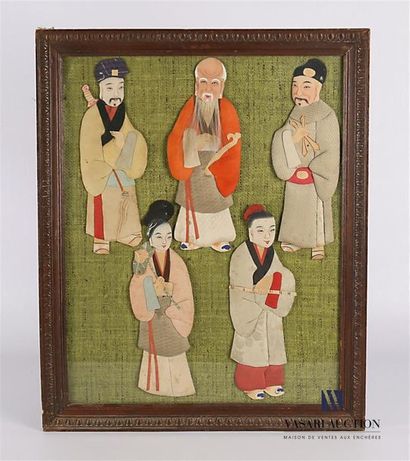 null CHINA
Framed piece depicting five figures in traditional outfits made of upholstered...