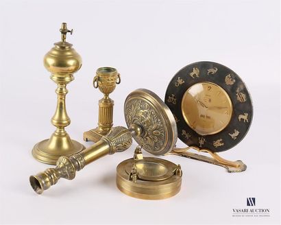 null Bronze and brass lot including a bronze torch resting on a pedestal base hemmed...