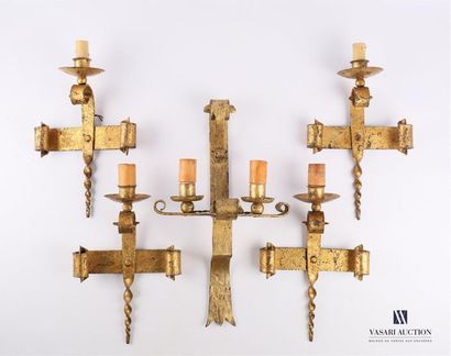 null Set of gilt metal luminaires comprising two pairs of single-armed and double-armed...