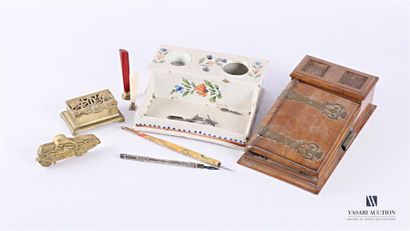 null WRITING NECESSAR] 
Set including a Luneville earthenware inkwell decorated with...