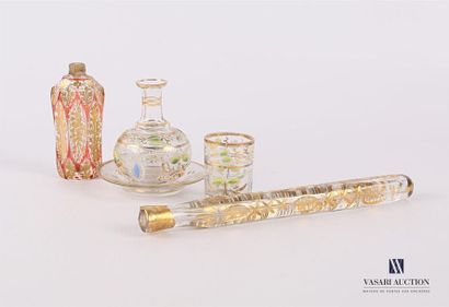null Set of three glass pieces comprising: a baluster-shaped flask with its glass...