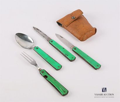 null Travel cutlery in metal and green plastic including a fork, a spoon and two...