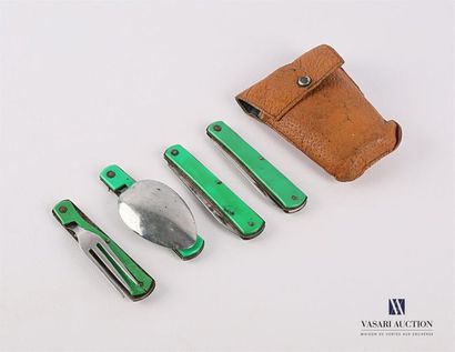 null Travel cutlery in metal and green plastic including a fork, a spoon and two...