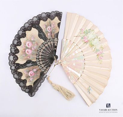 null Set of two fans, one made of silk with a decoration of a jetty of flowers and...