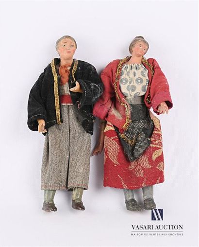 null Set of two santons of Provence in glazed ceramics, fabric and vegetable fibers...