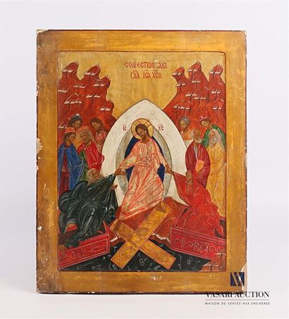null Icône grecque en bois doré à décor polychrome de la résurection du Christ 
Fin...