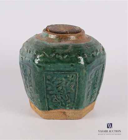 null CHINA
Hexagonal green enamelled stoneware urn with rectangular reserves decorated...