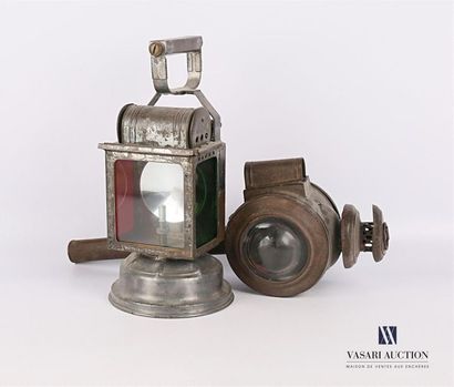 null Railway signalling lantern made of metal and glass, the sides having green and...