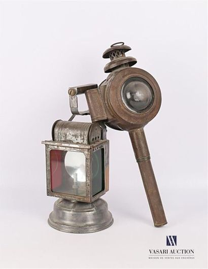 null Railway signalling lantern made of metal and glass, the sides having green and...