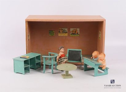 null Dolls' furniture School
room in pink painted wood and wallpaper including a...