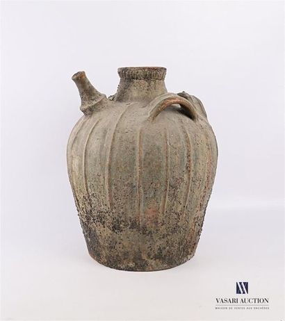 null Terracotta oil jar, the rumen with pinched edges has three handles and a 
high...