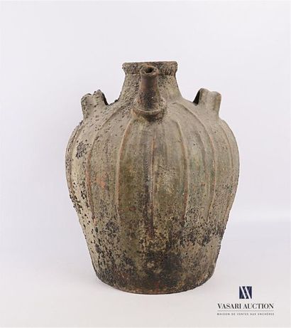 null Terracotta oil jar, the rumen with pinched edges has three handles and a 
high...