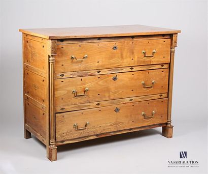 null Moulded natural wood and veneer chest of drawers, the rectangular shaped top...
