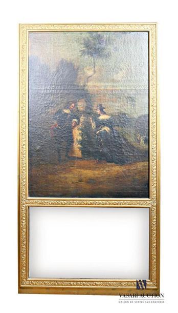null Wooden trumeau painted in gilt with an oil on canvas depicting a gallant scene...