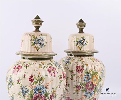 null Pair of covered ovoid shaped vases with polychrome decoration of flowers and...