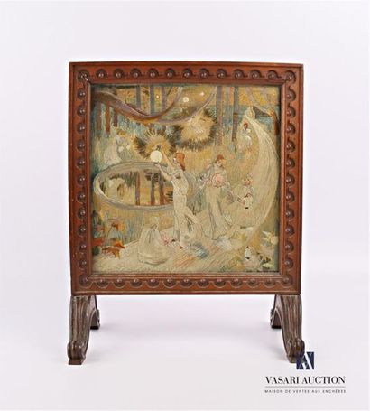 null Small embroidered silk screen depicting "Japanese lanterns", the wooden frame...