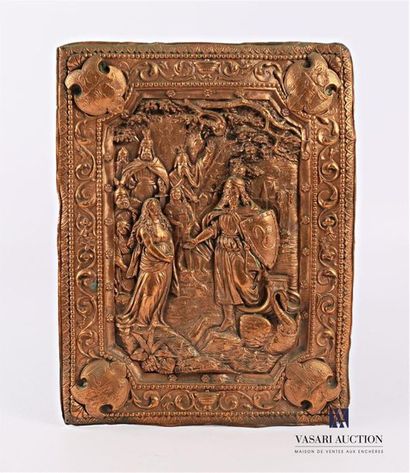null Copper plate with relief decoration of the union of a king and a young woma...