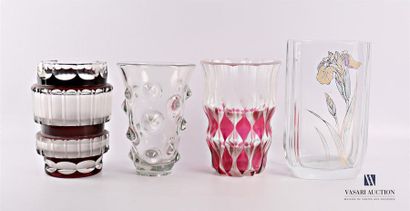 null Glass set comprising a red tinted vase decorated with two friezes of protruding...