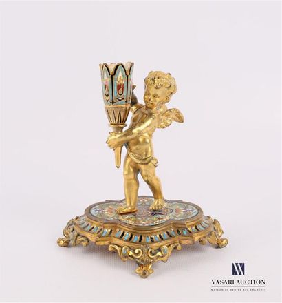 null Subject in gilt bronze and enamelled representing a cherub cerœferary on a base,...
