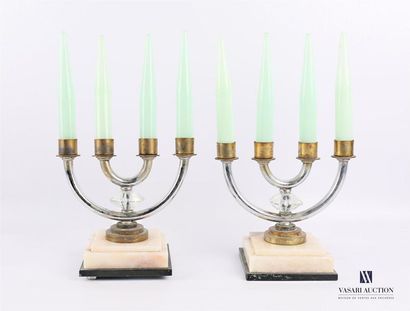 null Pair of candelabra with four arms of light, they have a faceted glass piece...