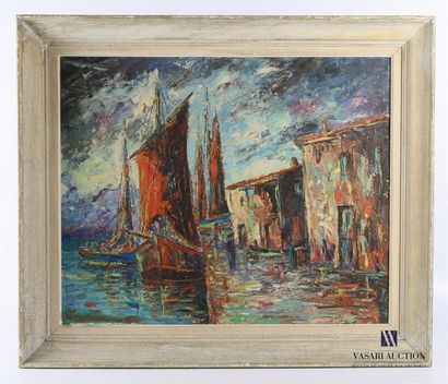 null French school of the XXth century
Sailboats moored 
Oil on canvas
60,5 x 73...
