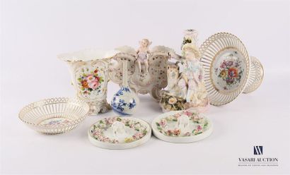 null Porcelain lot comprising a candleholder decorated with a child sitting on a...