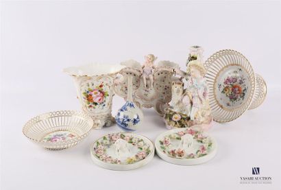 null Porcelain lot comprising a candleholder decorated with a child sitting on a...