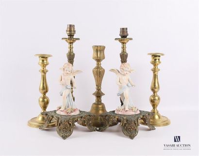 null Bronze set comprising a pair of lamp bases, the base surmounted by a porcelain...