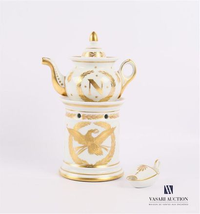 null White porcelain teapot with decoration on the base of an eagle flying in a reserve...