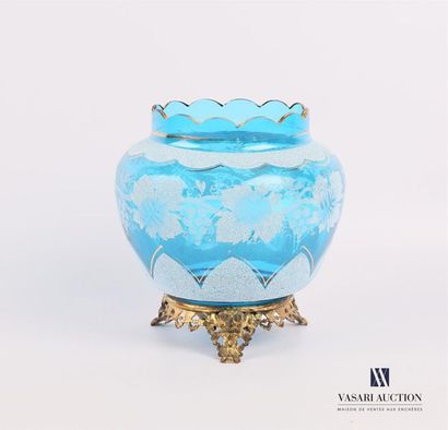 null Blue glass vase with frosted decoration in a frieze of vine leaves and bunches...