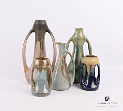 null Vitreous stoneware set comprising two baluster-shaped vases with arched handles...
