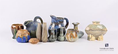 null Ceramic lot comprising a blue glazed stoneware pitcher, marked on the reverse...