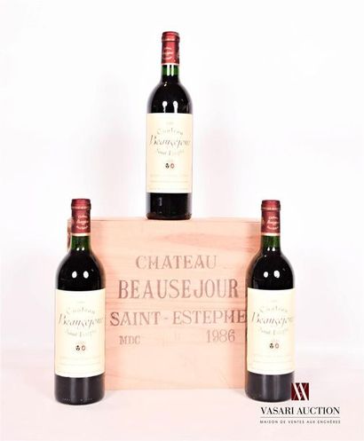 null 3 bouteilles	Château BEAUSÉJOUR	St Estèphe	1986

	Et. impeccables. N : 2 mi/bas...