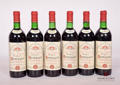 null 6 bouteilles	DOMAINE DU REMPART	Pomerol	1983

	Et.: 5 un peu tachées, 1 plus...