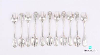 null A suite of eleven silver oyster forks, the handle decorated with crossed fillets...