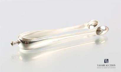 null Silver sugar tongs, arms hemmed with nets joined by a pear-shaped grip, numbered...