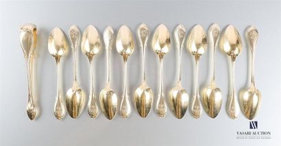 null Suite of twelve teaspoons and one sugar tongs in gilded silver decorated with...