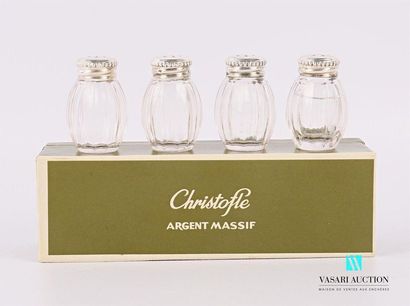 null Suite of four salt shakers in moulded glass with ribbed decoration, the silver...