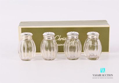 null Suite of four salt shakers in moulded glass with ribbed decoration, the silver...