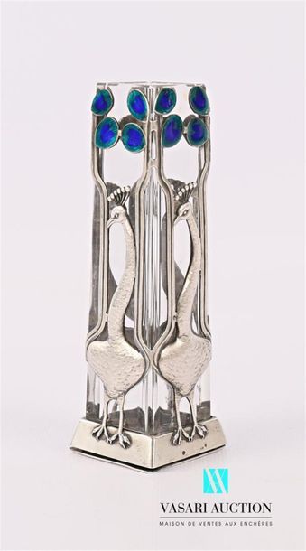 null Glass vase with square section, silver frame representing four peacocks, turquoise...