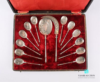 null Silver ice cream set, square-section handles decorated with leafy branches and...