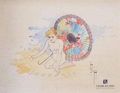 null Lot de trois gravures comprenant :
-LEBEGUE Léon (1863-1930)
Femme nue jouant...