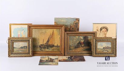 null Sets of eight framed pieces including : 
Pair of lake landscapes - Oil on cardboard...