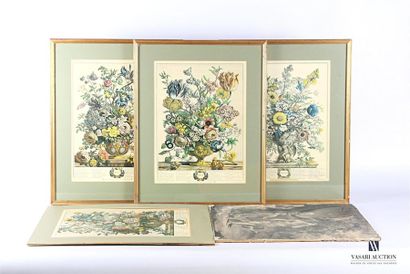 null Set of five reproductions including : A reproduction representing a floral bouquet...