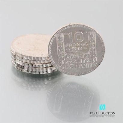 null Lot de six pièces en argent 10 Francs 1939, République Française Turin 
Poids...
