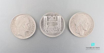 null Lot de trois pièces en argent 20 Francs 1937, République Française Turin 
Poids...