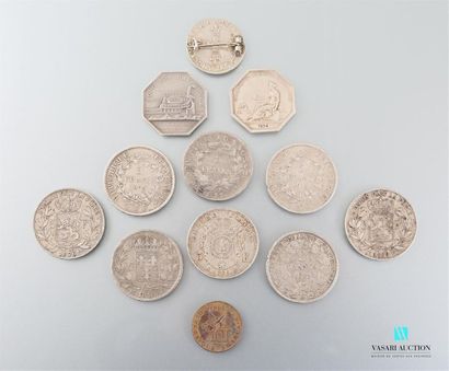 null Lot de pièces en argent comprenant une pièce de 5 francs Napoléon III 1869,...