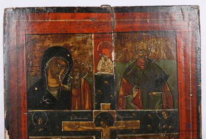 ICONE Icône représentant sur deux registres, en haut la Vierge de Kazan et Saint-Nicolas,...