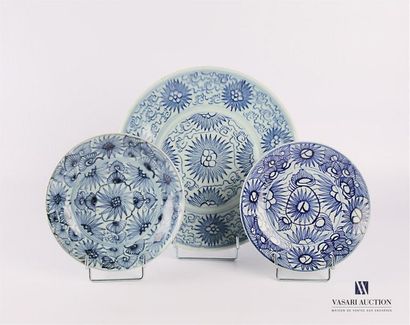 CHINE CHINE
Ensemble comprenant un plat et deux assiettes à décor bleu blanc de motifs...