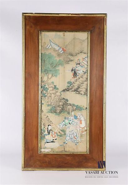 CHINE CHINA 
Suite of three framed silk paintings depicting respectively a soldier...